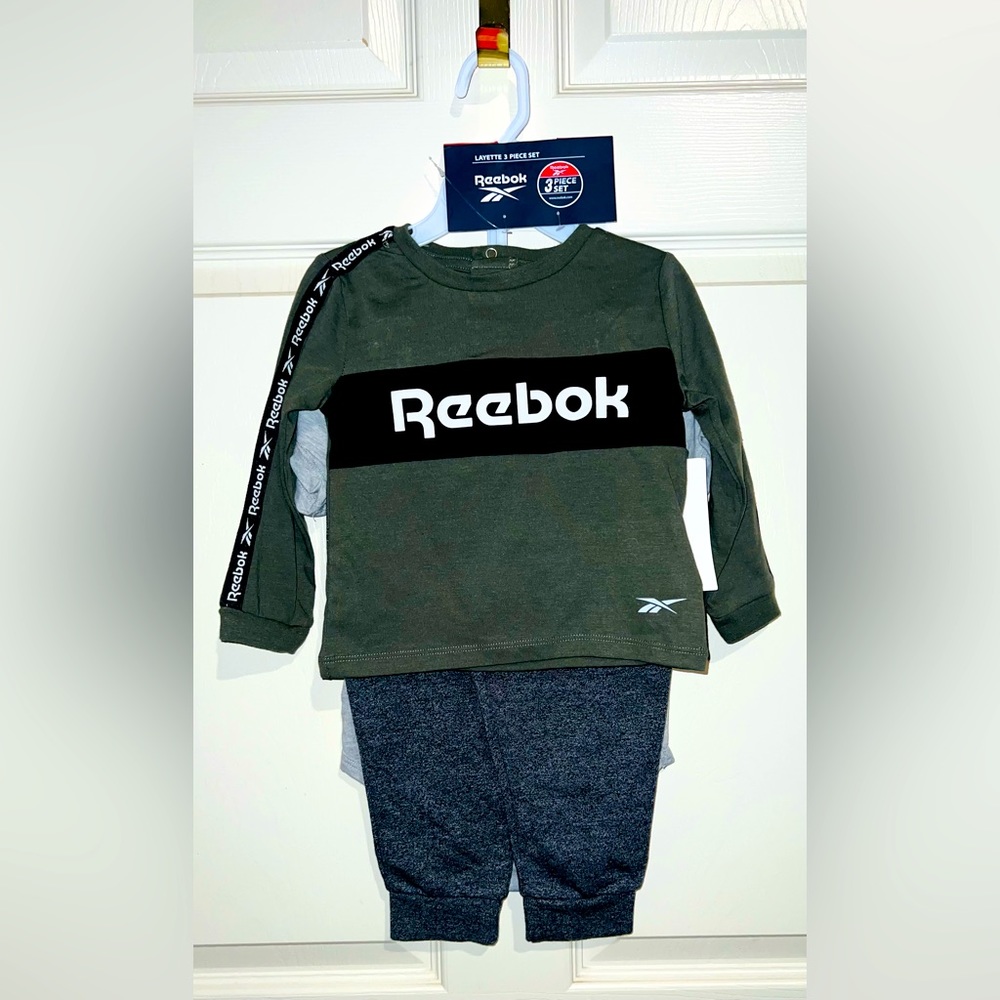 3 piece Reebok sweats and 2 tops size 24mos